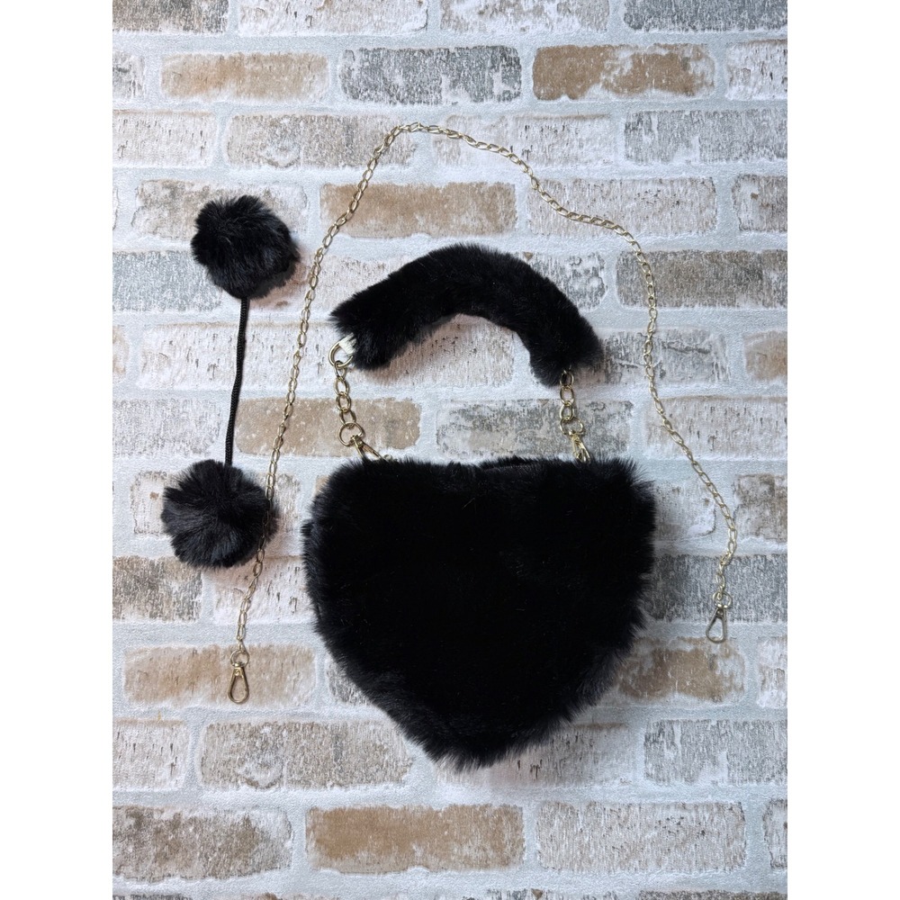 Black Faux Fur Heart Shaped Crossbody Bag Gold Chain Strap Pom Pom Accents